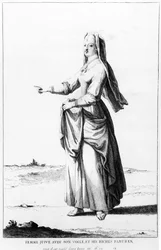 Fransk judisk kvinna med sin slöja och sina rika ornament, illustration från Dictionnaire Historique de la Bible, 1722